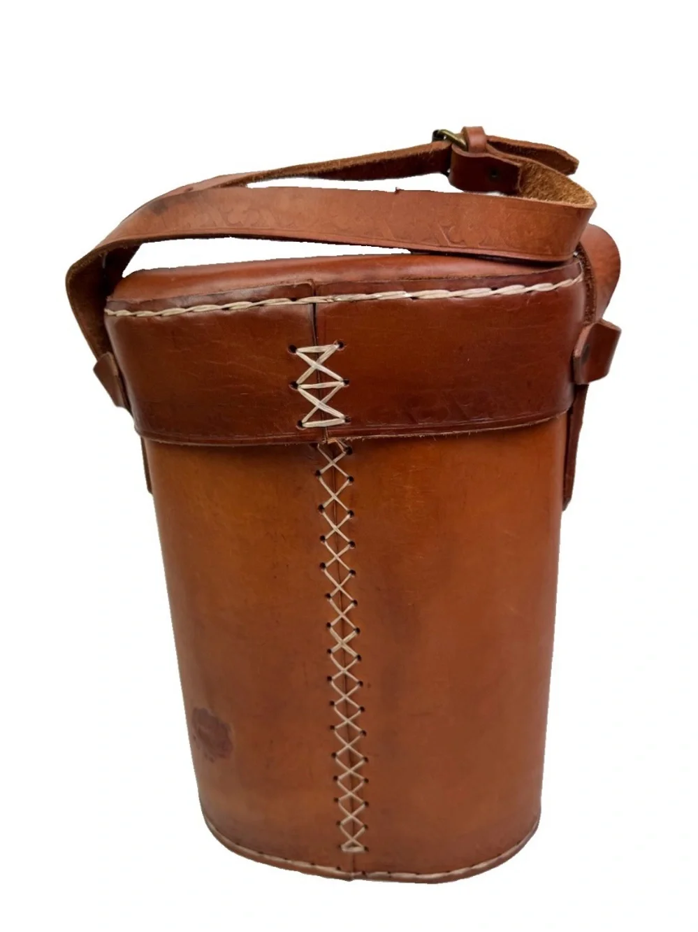 VTG Artesania Uruguay Tooled Leather Thermos Bottle Case Carrier Cross Stitch